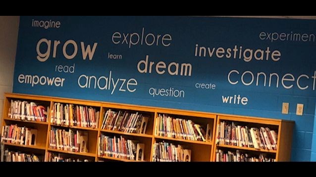book shelves and a blue word wall with white inspirational words